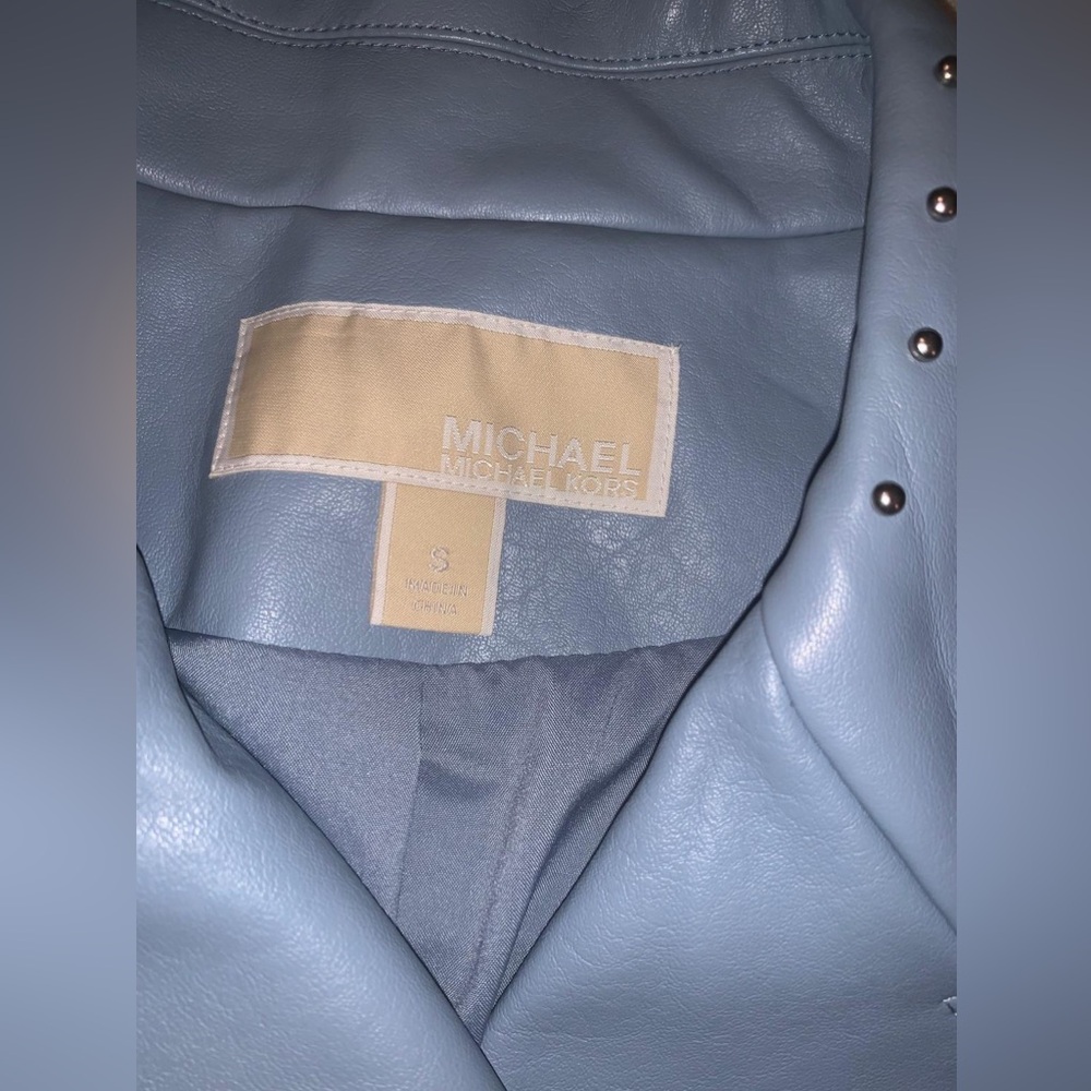 Michael Kors Light Blue Faux Leather Moto Jacket Zip Front Biker Style Size S - Picture 4 of 9